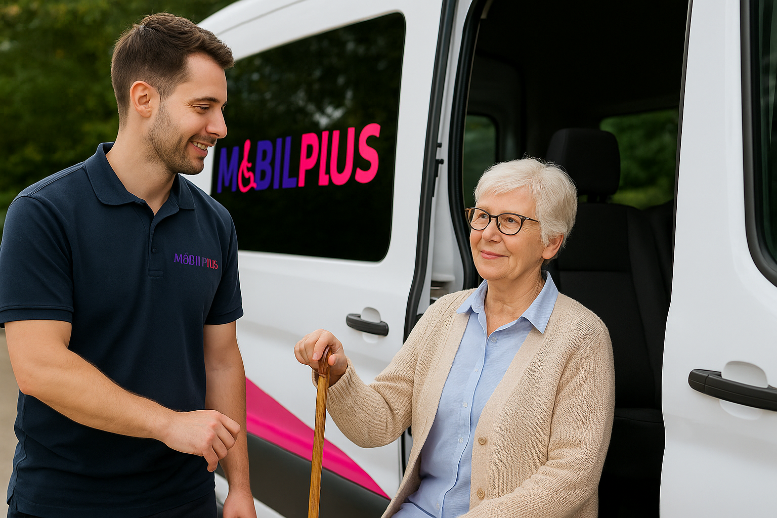 Sitzendtransport mit Gehhilfe – Komfortabler und sicherer Fahrdienst für mobilitätseingeschränkte Personen mit persönlicher Betreuung. MOBILPLUS Fahrzeug mit Logo
